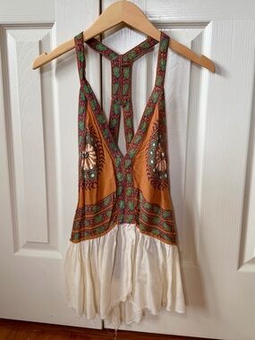 Free People Vintage Boho Halter V-Neck Tank | M | RARE FP Festival Find